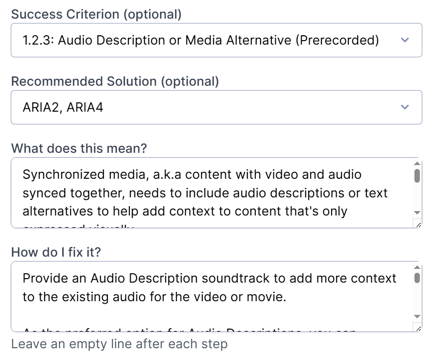 The screenshot displays the Custom Failure issue type selected with fields being auto-filled if you select a success criteria from the dropdown.