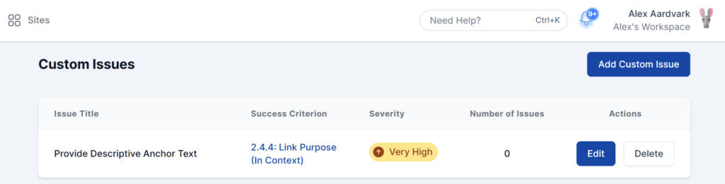 Custom Issues section