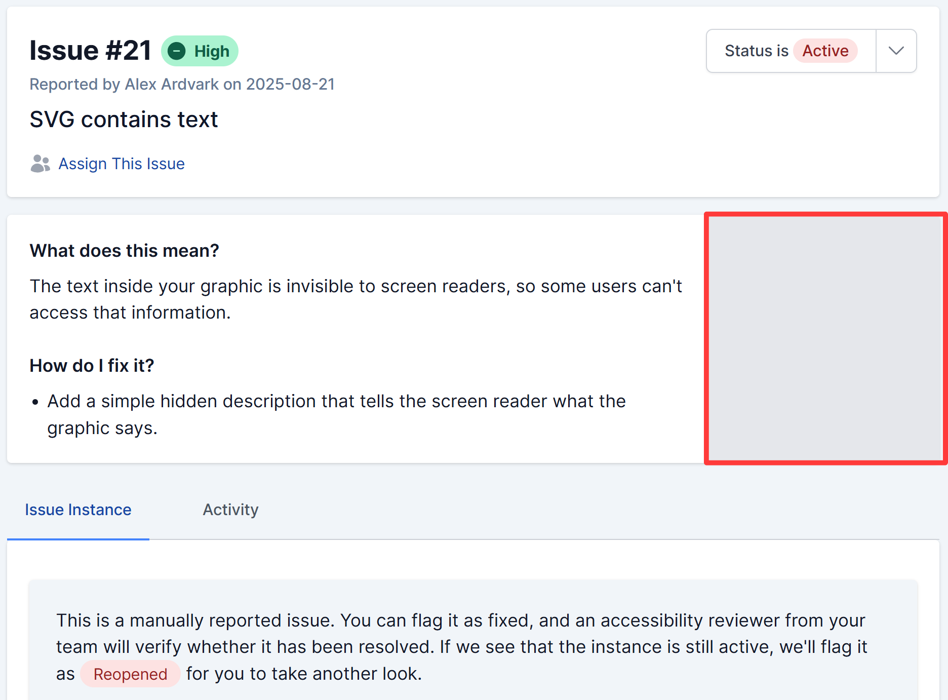 The screenshot displays that a custom failure for which no Success Criteria was selected shows that detail as blank on the issues list.
