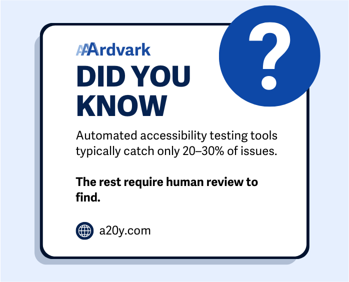 AAArdvark graphic stating automated accessibility testing tools catch only 20–30% of issues, with the rest requiring human review.