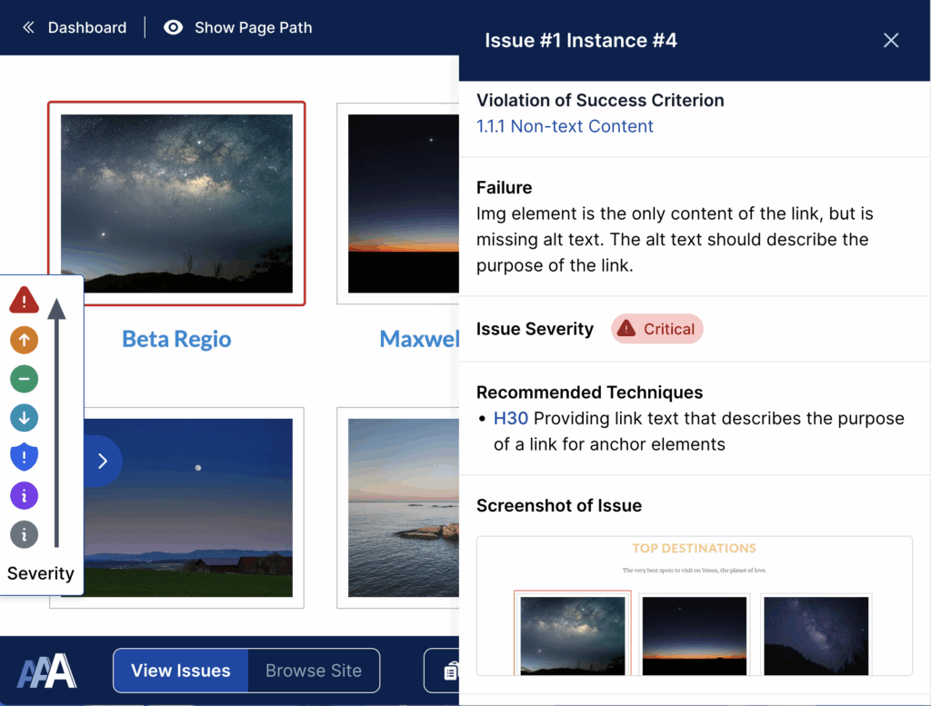 Screenshot of the Issue Instance detail page in the AAArdvark Visual Mode interface, listing the Violation of Success Criterion, Issue Severity, Recommended Techniques, and Screenshot of Issue.