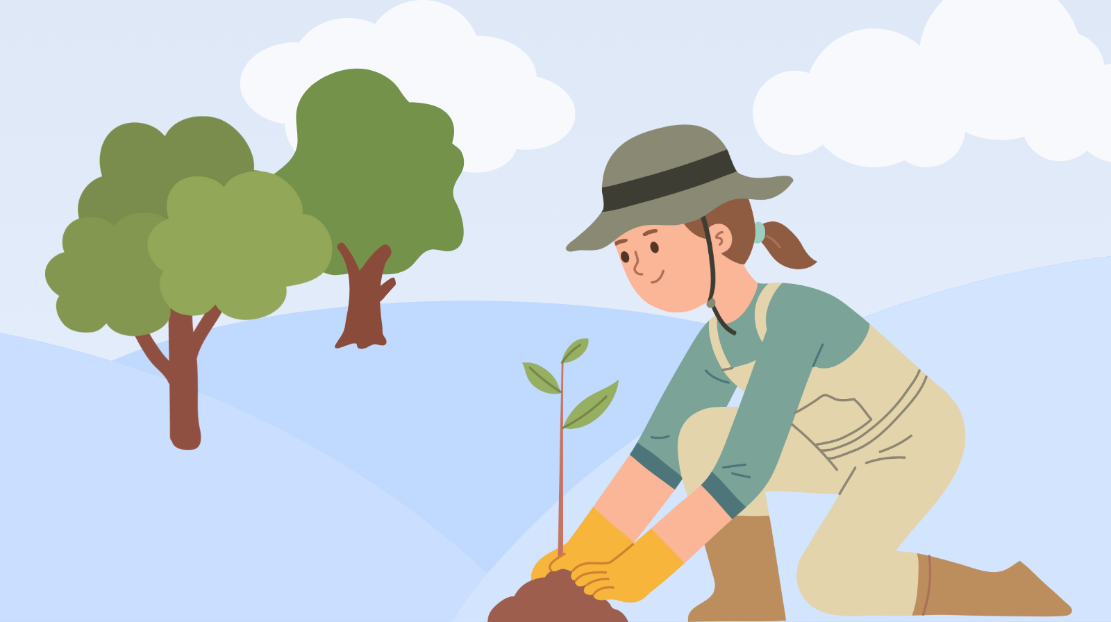 Illustrated person wearing a hat, gloves, and overalls kneeling on a hillside while planting a young tree, with larger trees and clouds in the background.