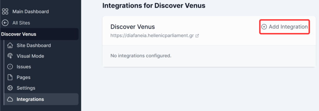 Selecting the 'Add Integration' option