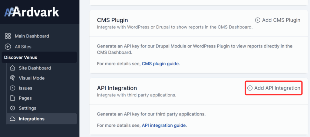 Choose "Add API Integration" from the module