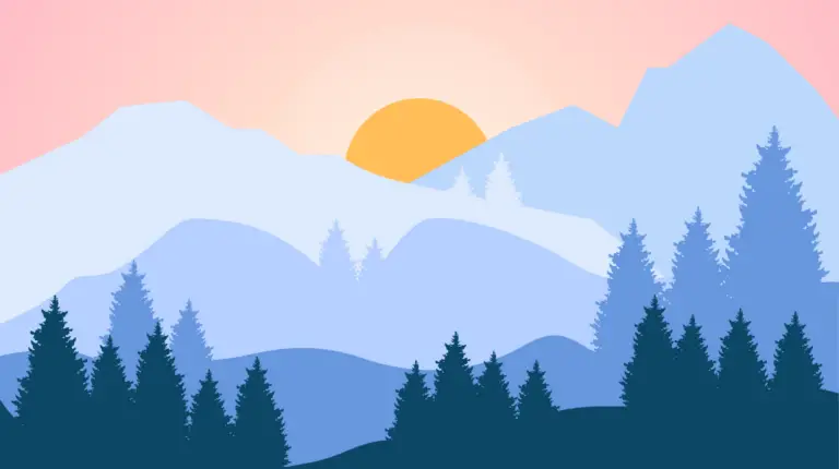 Sunrise over mountains with trees in the foreground. Simple illustrative style.