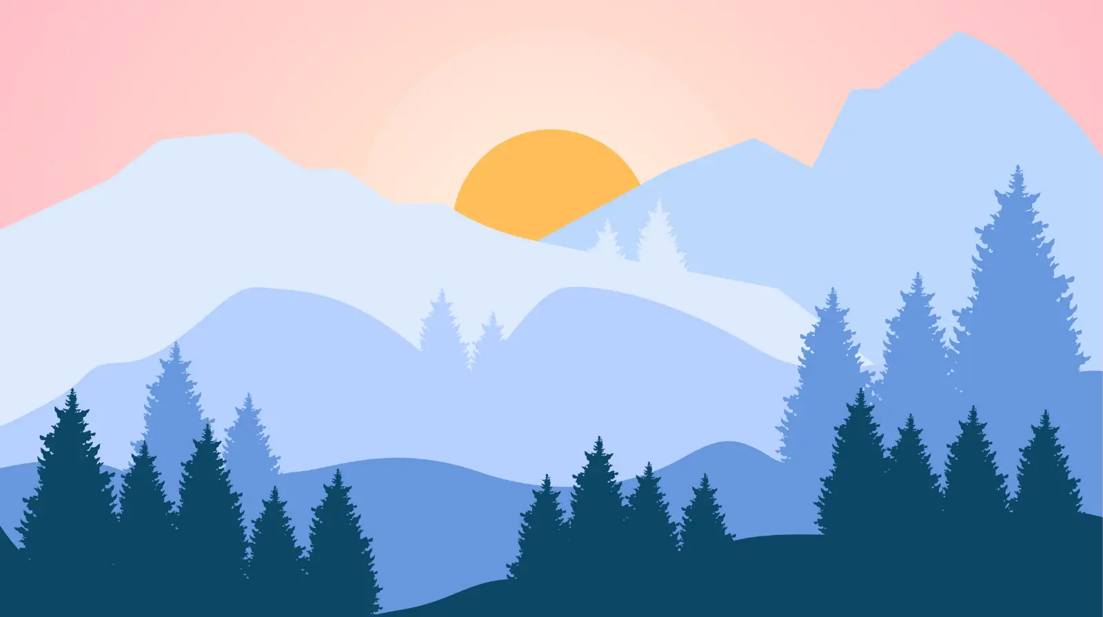 Sunrise over mountains with trees in the foreground. Simple illustrative style.