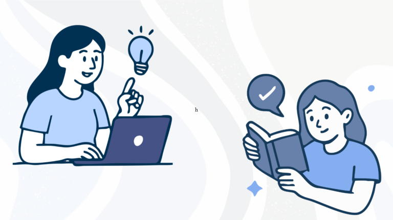 Illustration of two people learning about accessibility - one having a lightbulb moment at their laptop, the other reading a book with a checkmark indicating understanding.