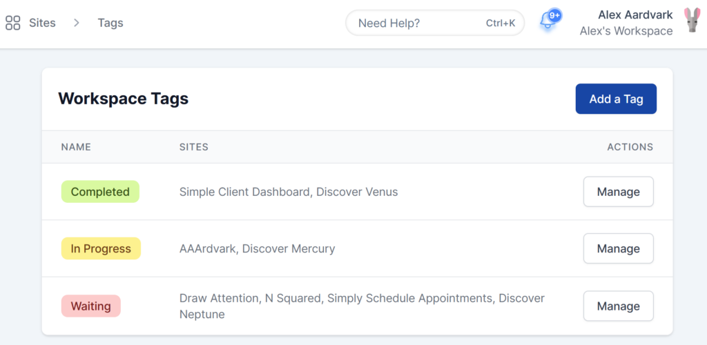 Site Tags options