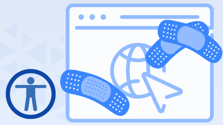 Illustration of a website with bandages on it and an overlay icon in the lower left.