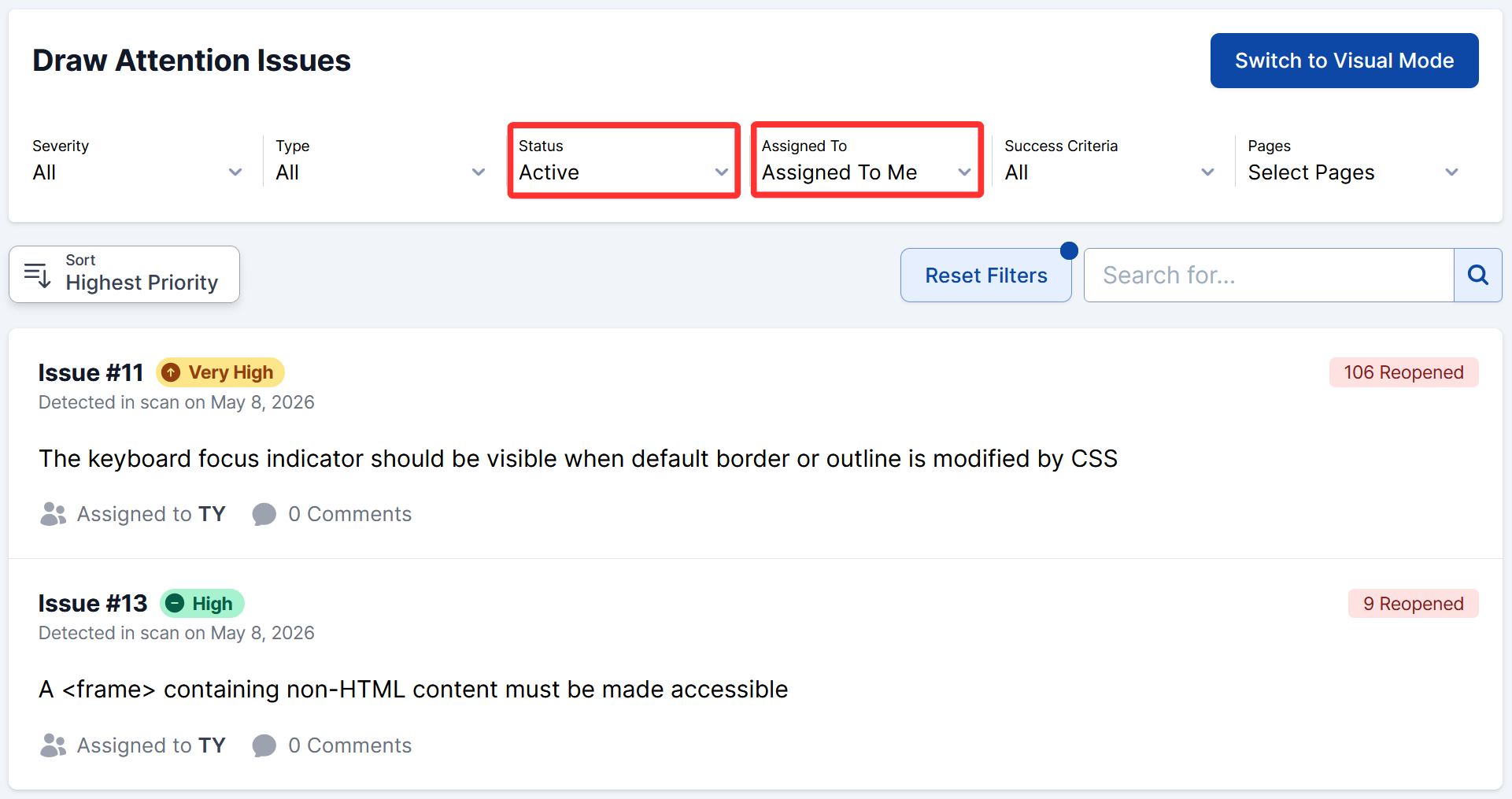 Using filters to view selected issue results