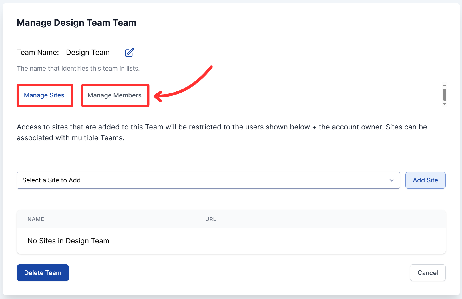 Manage Team options