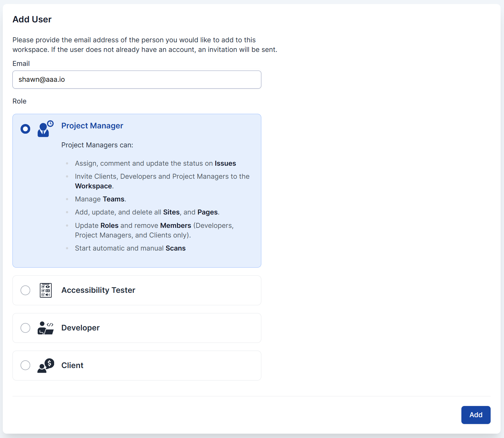 Selecting a user role when adding a new user