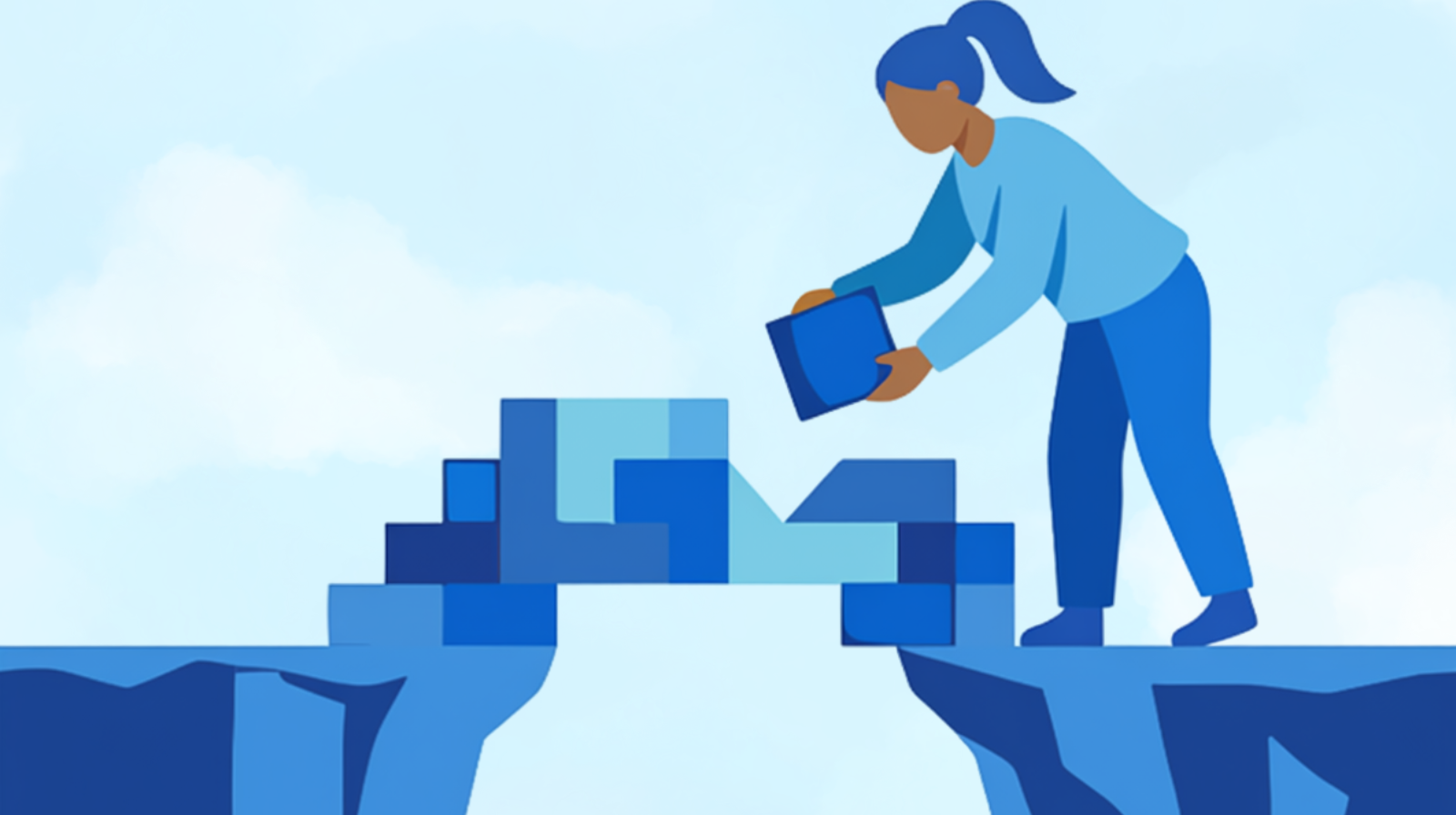 Illustration of a woman building a bridge over a gap between two cliffs.