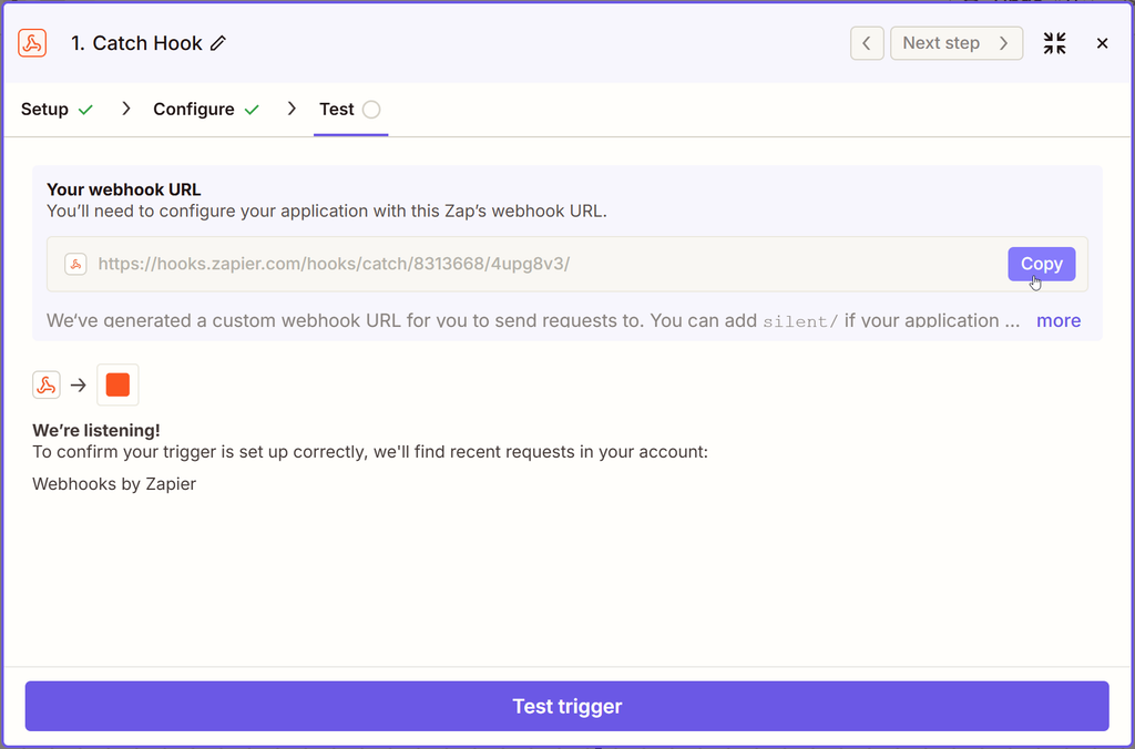 Zapier generates a unique URL for this Zap once the Catch Hook trigger is configured.